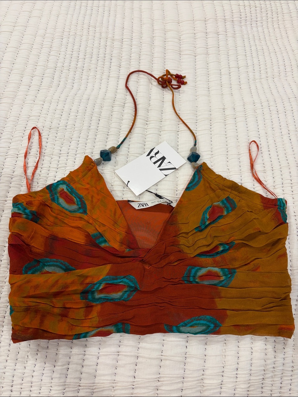 Zara Orange with Teal Print Halter Cropped Camisole halter top NET M